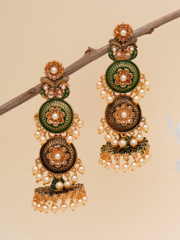 Karatcart Gold Plated Antique Floral Design Green Drop Earrings for Women
