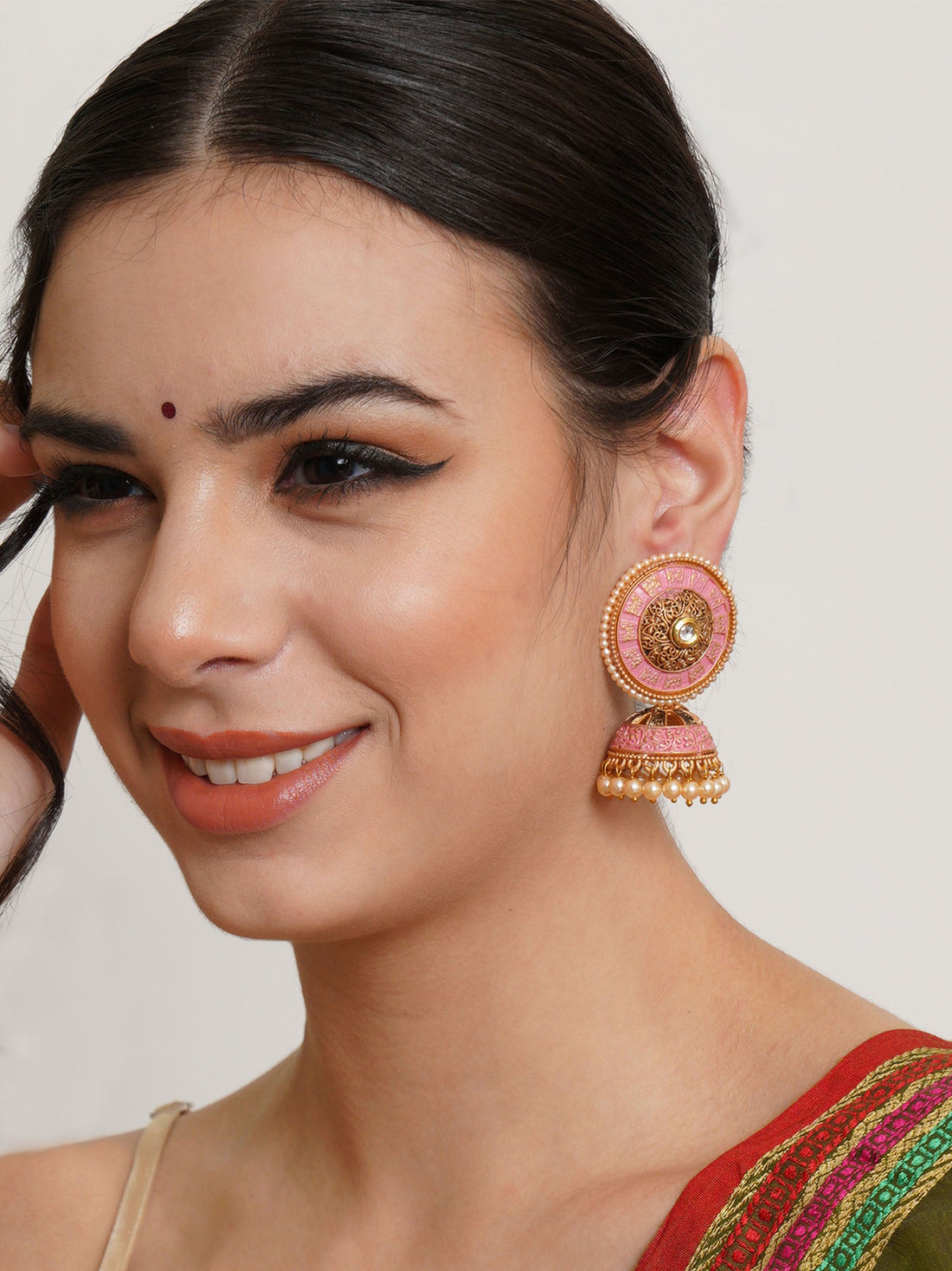 Karatcart Gold Plated Antique Floral Design Pink Jhumki Earrings for Women