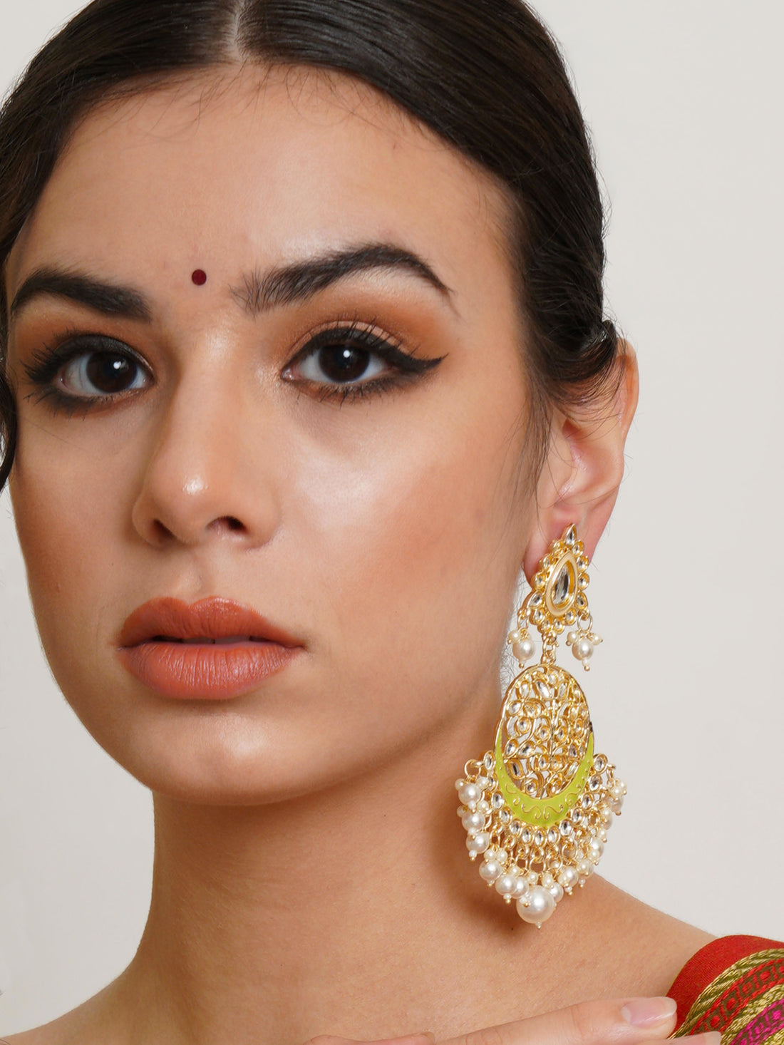 Karatcart Gold Plated Handcrafted Light Green Meena and Pearl Dangler Earrings for Women