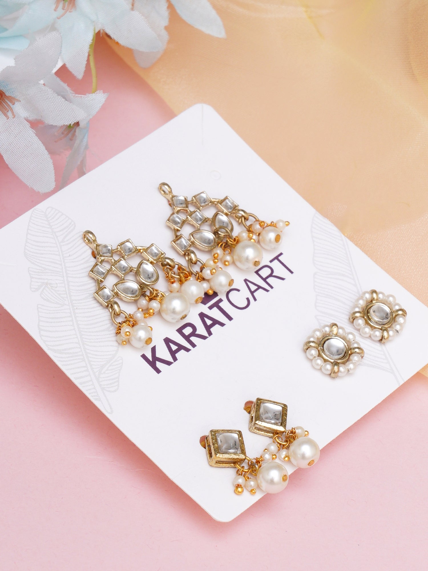 Karatcart Set of 3 Handcrafted Kundan Earrings Combo for Women