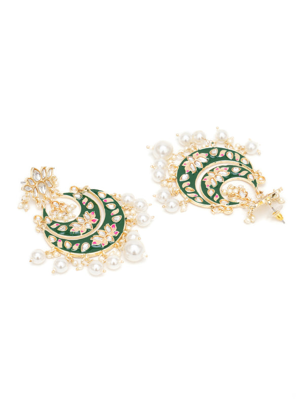 Karatcart Gold Plated Green Meena Lotus Design Pearl Studded Chandbali Earrings for Women