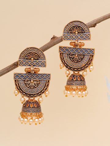 Karatcart Gold Plated Grey Floral Dangler Earrings for Women