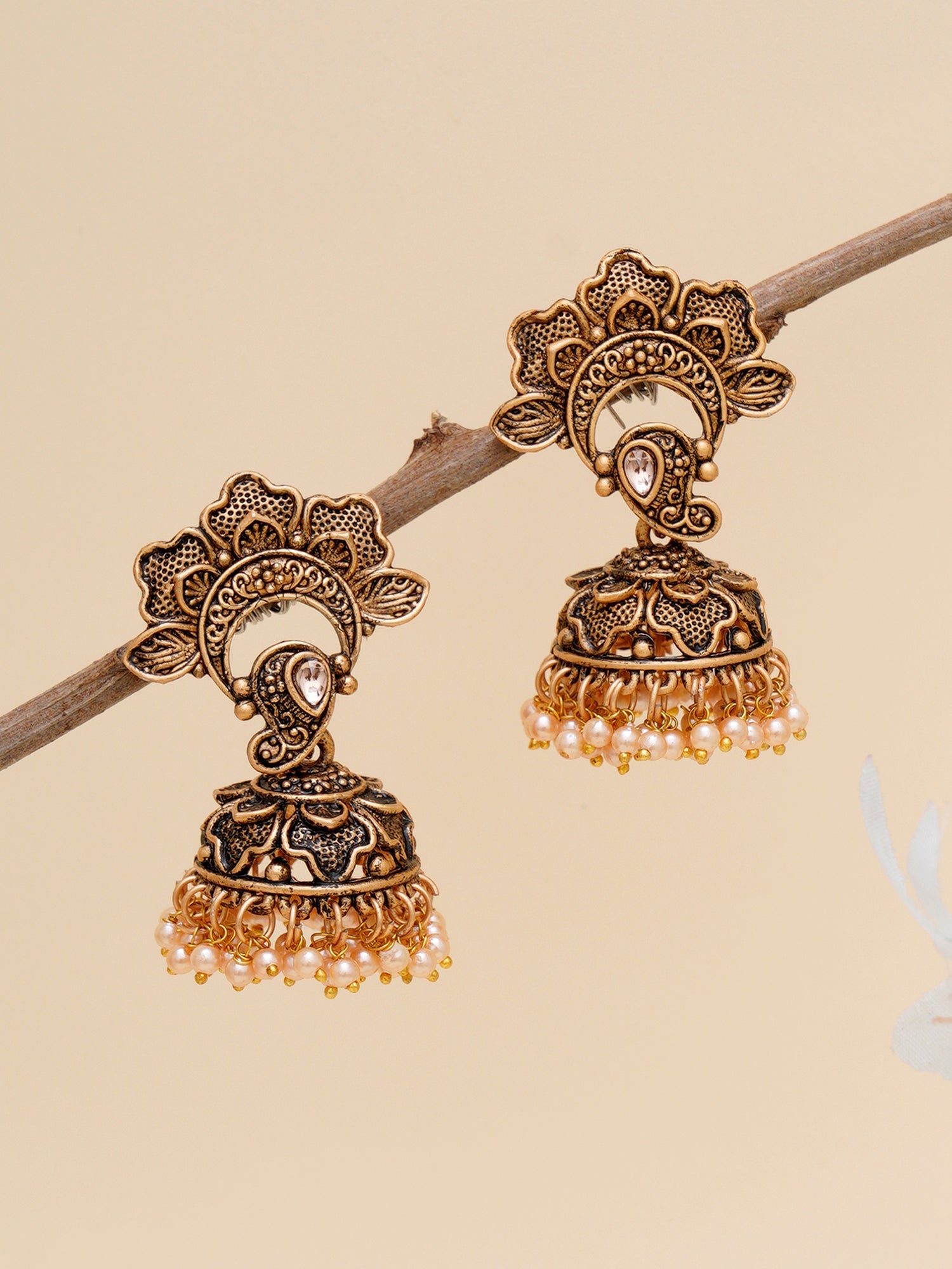 Karatcart Gold Plated Floral Jhumki Studded with Golden Pearl for Women