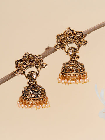 Karatcart Gold Plated Floral Jhumki Studded with Golden Pearl for Women