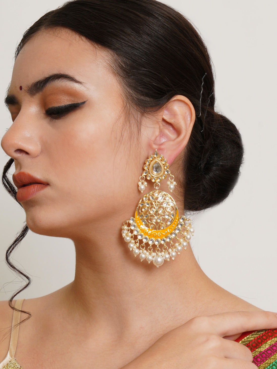 Karatcart Gold Plated Handcrafted Yellow Meena and Pearl Dangler Earrings for Women