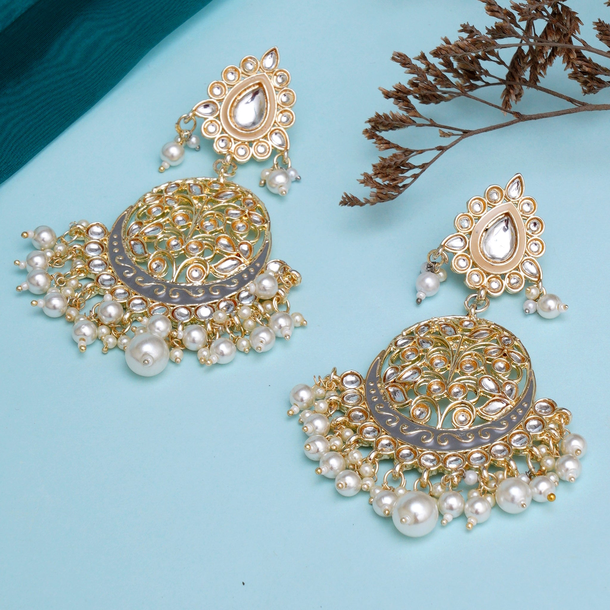 Karatcart Gold Plated Handcrafted Grey Meena and Pearl Dangler Earrings for Women