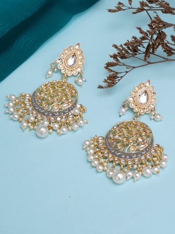 Karatcart Gold Plated Handcrafted Grey Meena and Pearl Dangler Earrings for Women