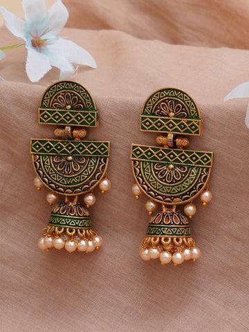 Karatcart Gold Plated Green Floral Dangler Earrings for Women