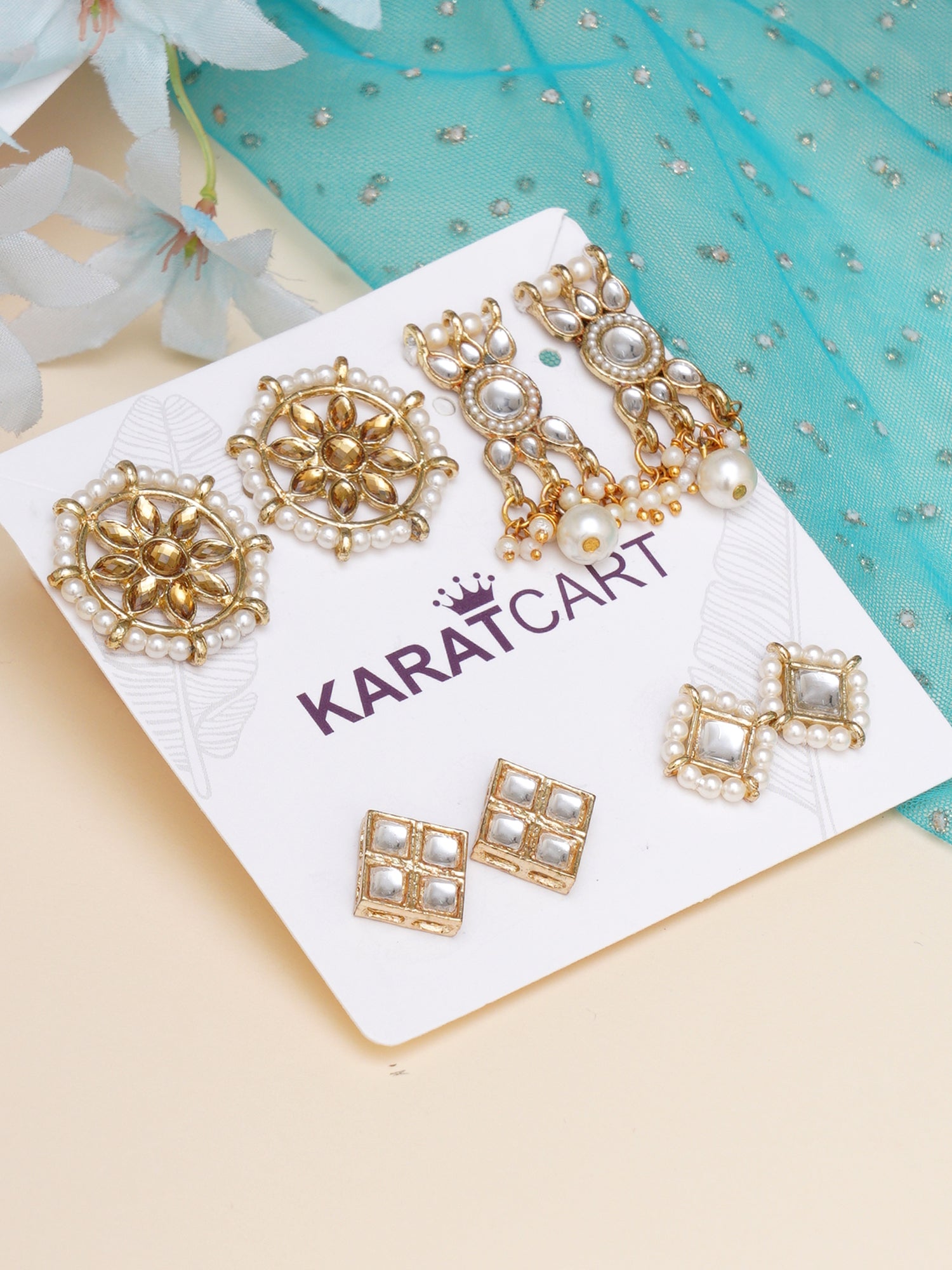 Karatcart Set of 4 Handcrafted Kundan Earrings Combo for Women