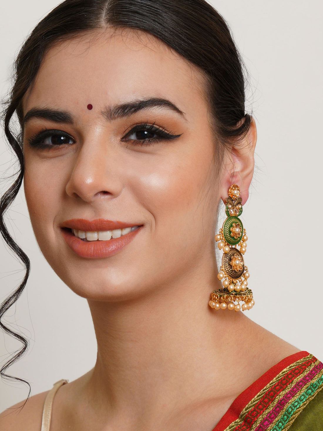 Karatcart Gold Plated Antique Floral Design Green Drop Earrings for Women