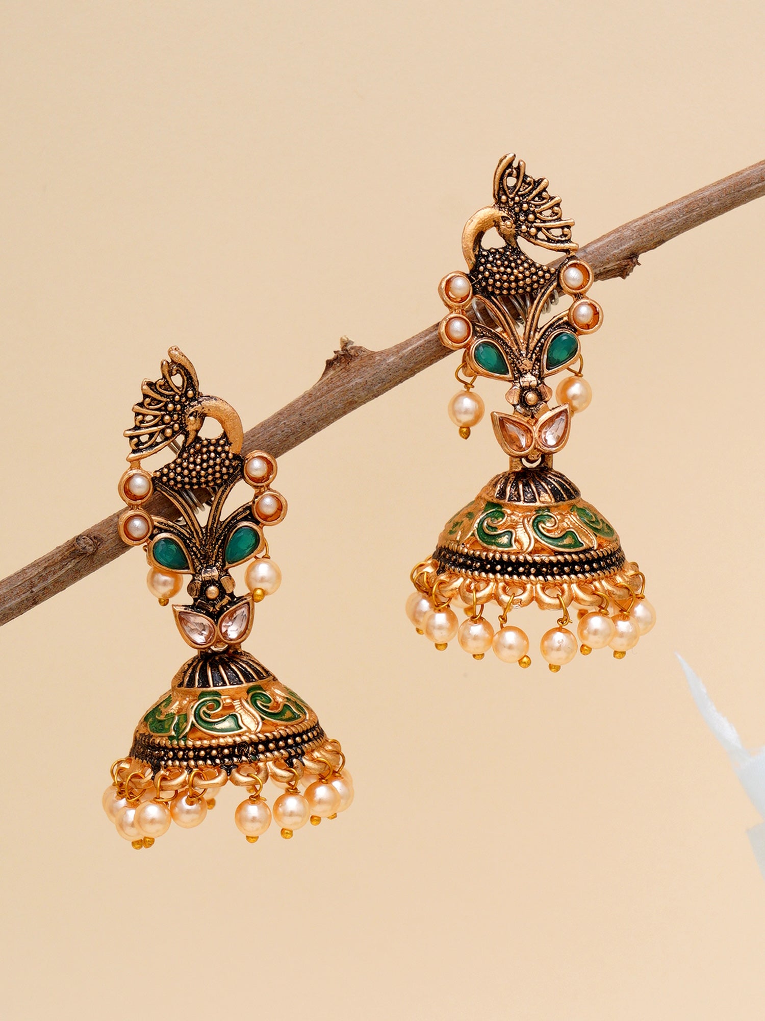 Karatcart Gold Plated Green Stone Studded Peacock Shape Jhumki Earrings for Women