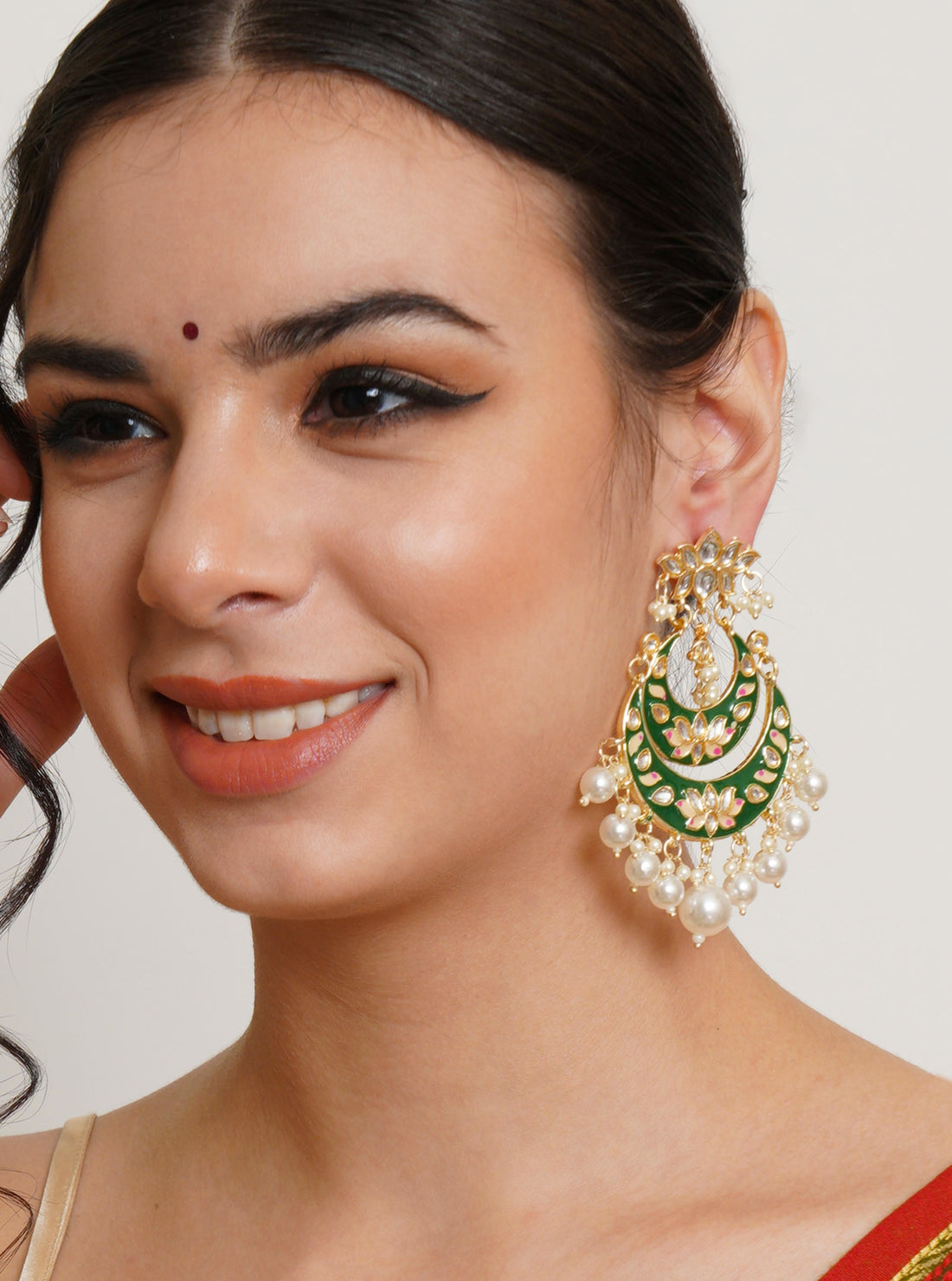 Karatcart Gold Plated Green Meena Lotus Design Pearl Studded Chandbali Earrings for Women