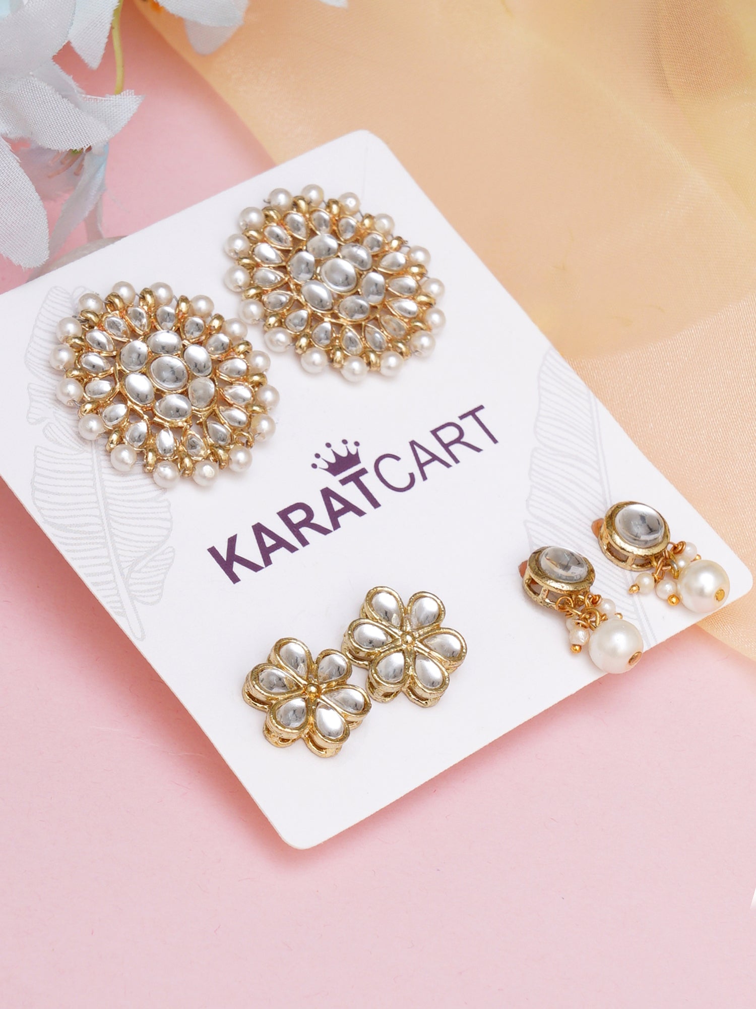 Karatcart Set of 3 Handcrafted Kundan Earrings Combo for Women