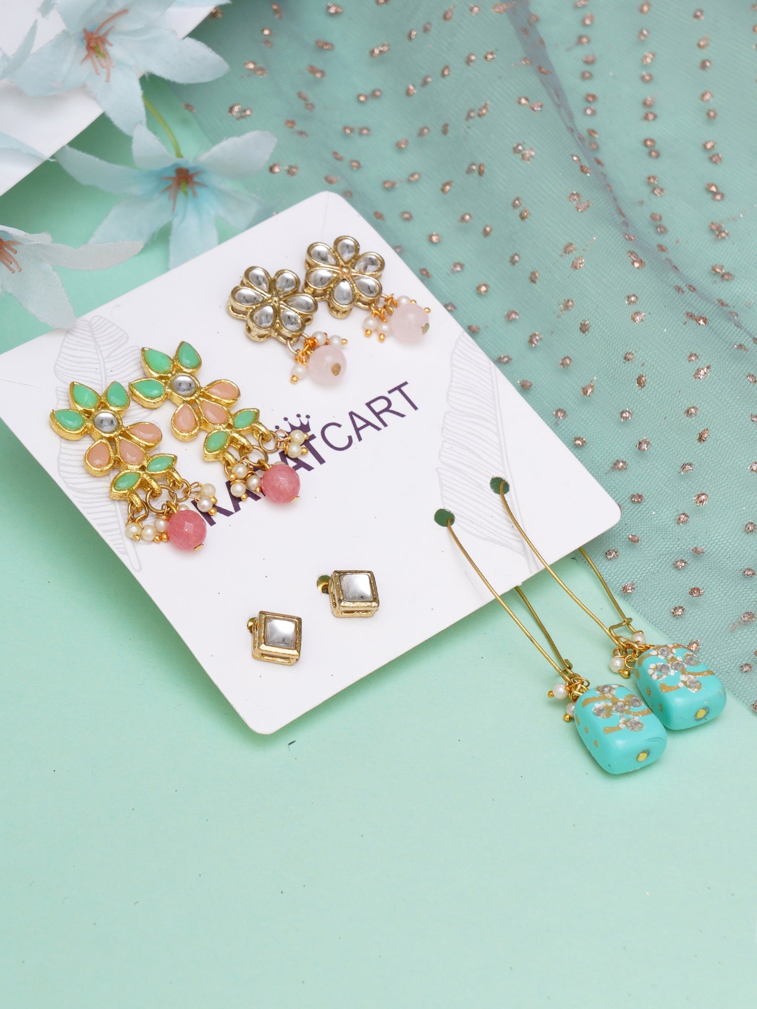 Karatcart Set of 4 Handcrafted Kundan Earrings Combo for Women
