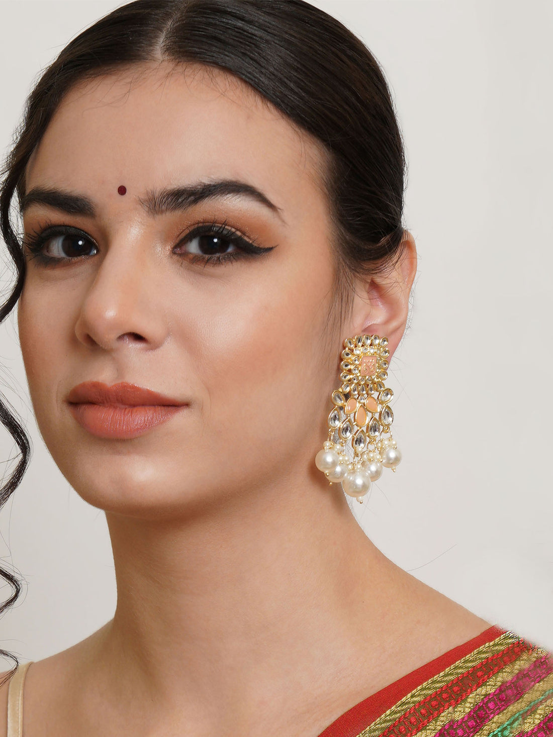 Karatcart Gold Plated Peach and Pearl Studded Kundan Dangler Earrings for Women