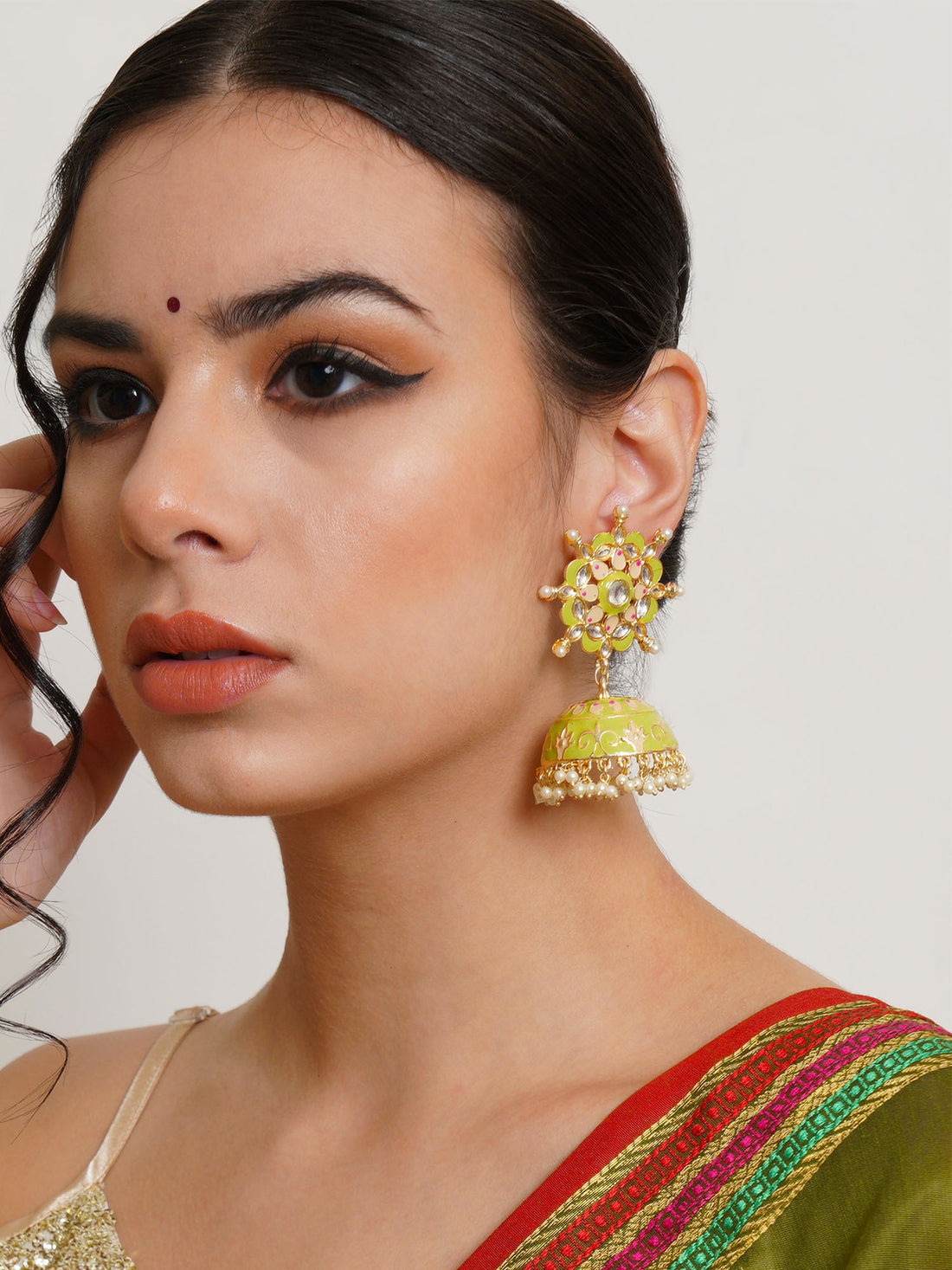 Karatcart Gold Plated Floral Design Light Green Meena and Pearl Jhumki Earrings for Women