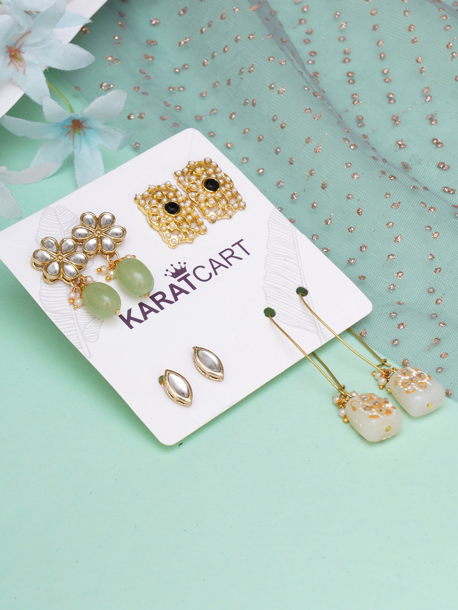 Karatcart Set of 4 Handcrafted Kundan Earrings Combo for Women