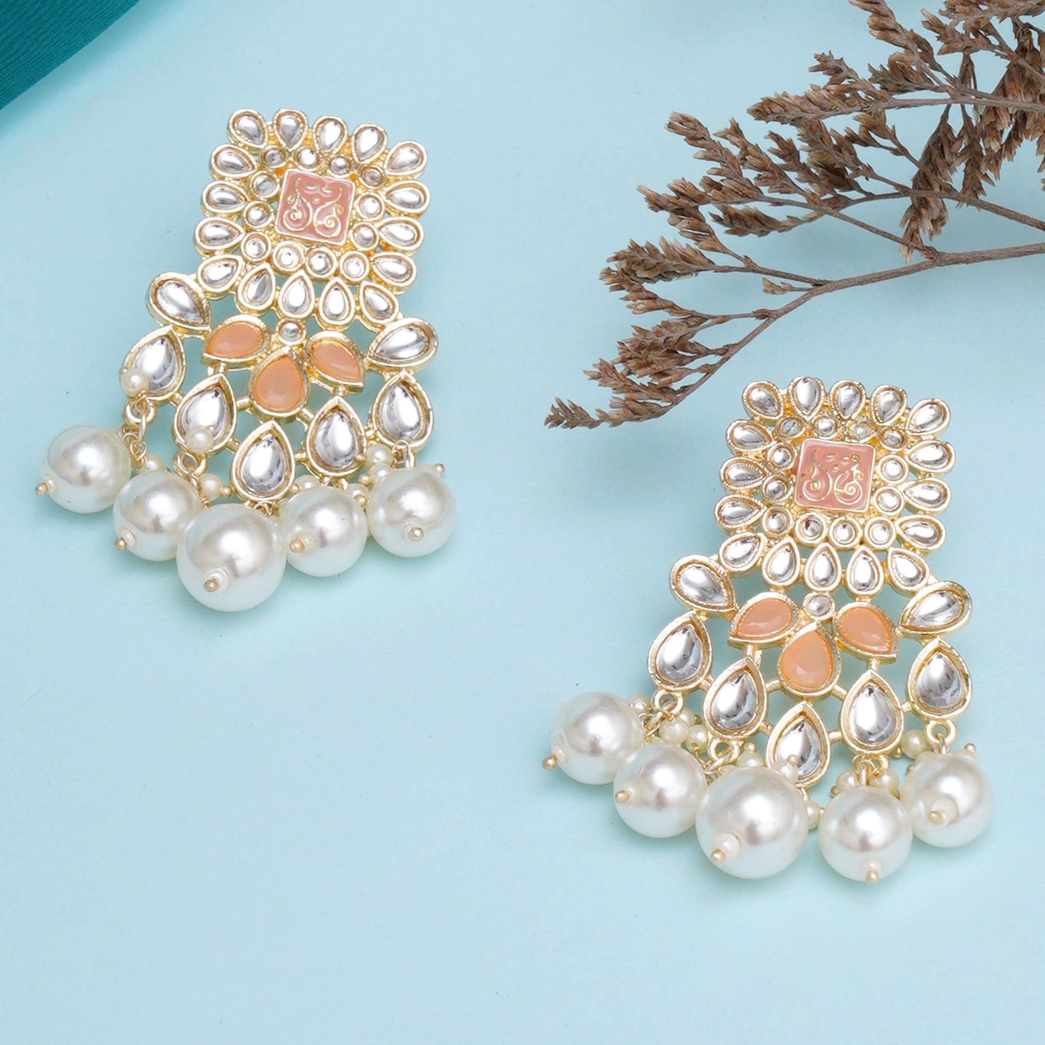 Karatcart Gold Plated Peach and Pearl Studded Kundan Dangler Earrings for Women