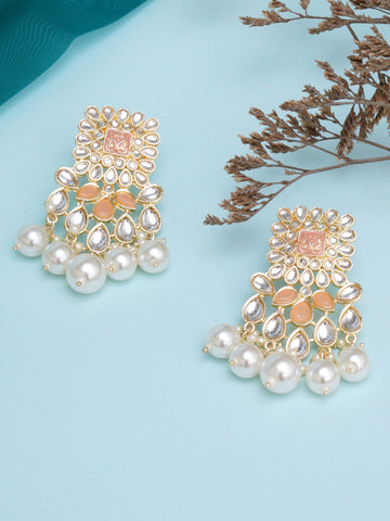 Karatcart Gold Plated Peach and Pearl Studded Kundan Dangler Earrings for Women
