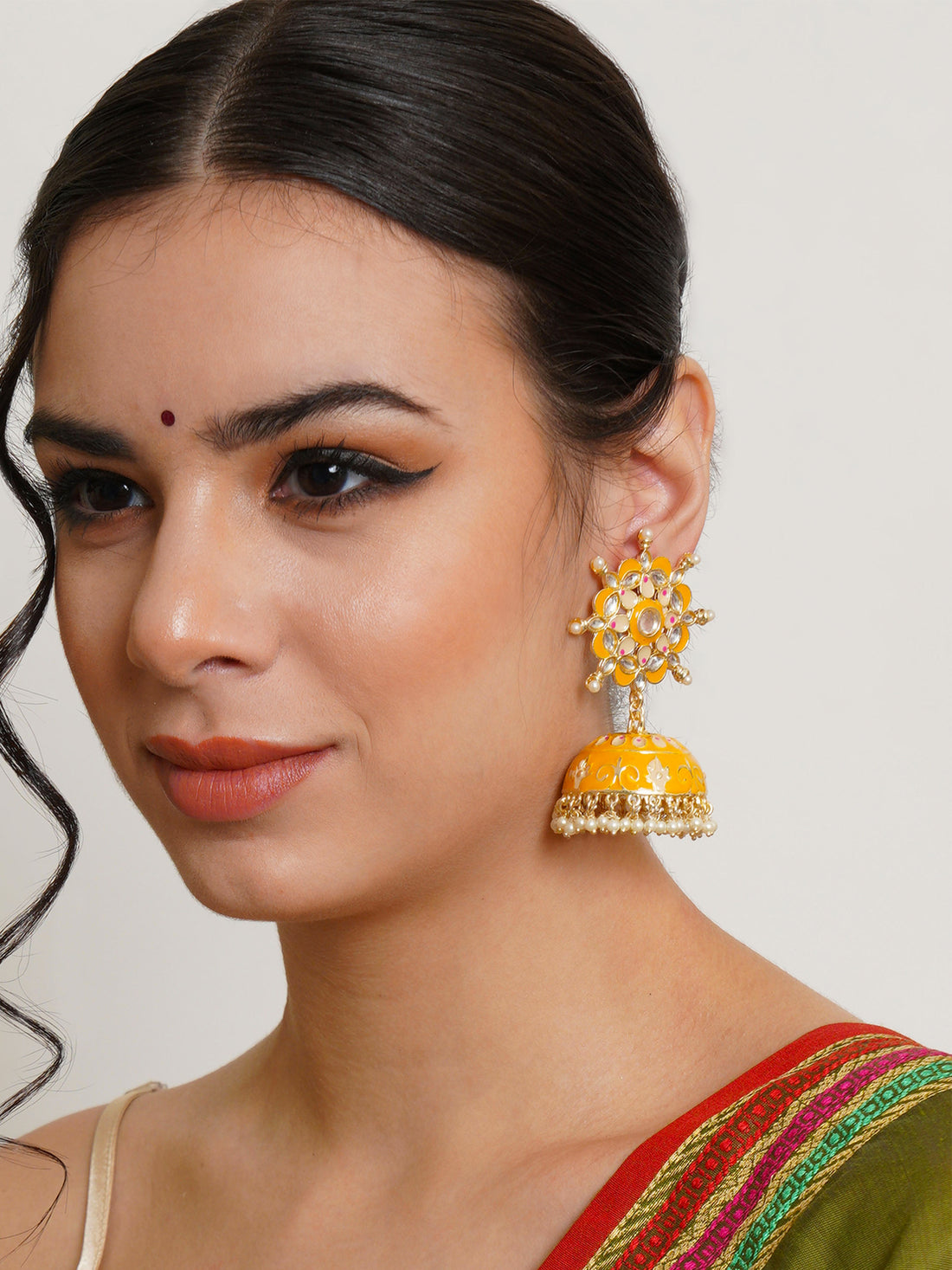 Karatcart Gold Plated Floral Design Yellow Meena and Pearl Jhumki Earrings for Women